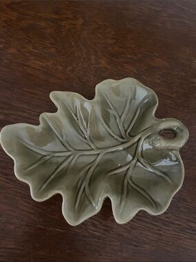 Leaf-Shaped Ceramic Dish in Olive Green